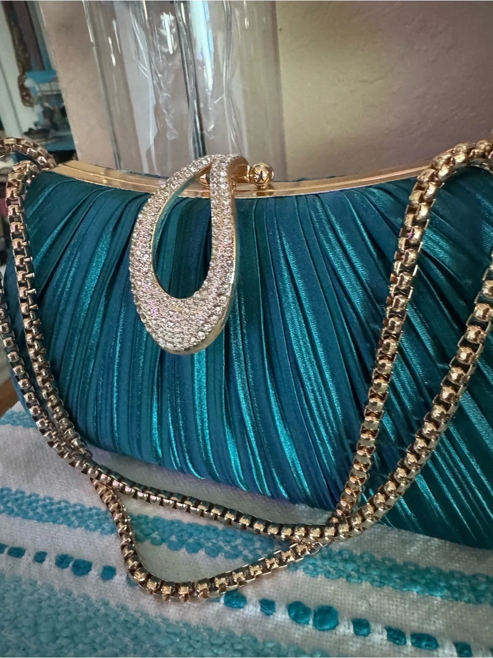 Elegant Teal Evening Clutch with Gold Chain & Crystal Accent Shoulder Strap NEW